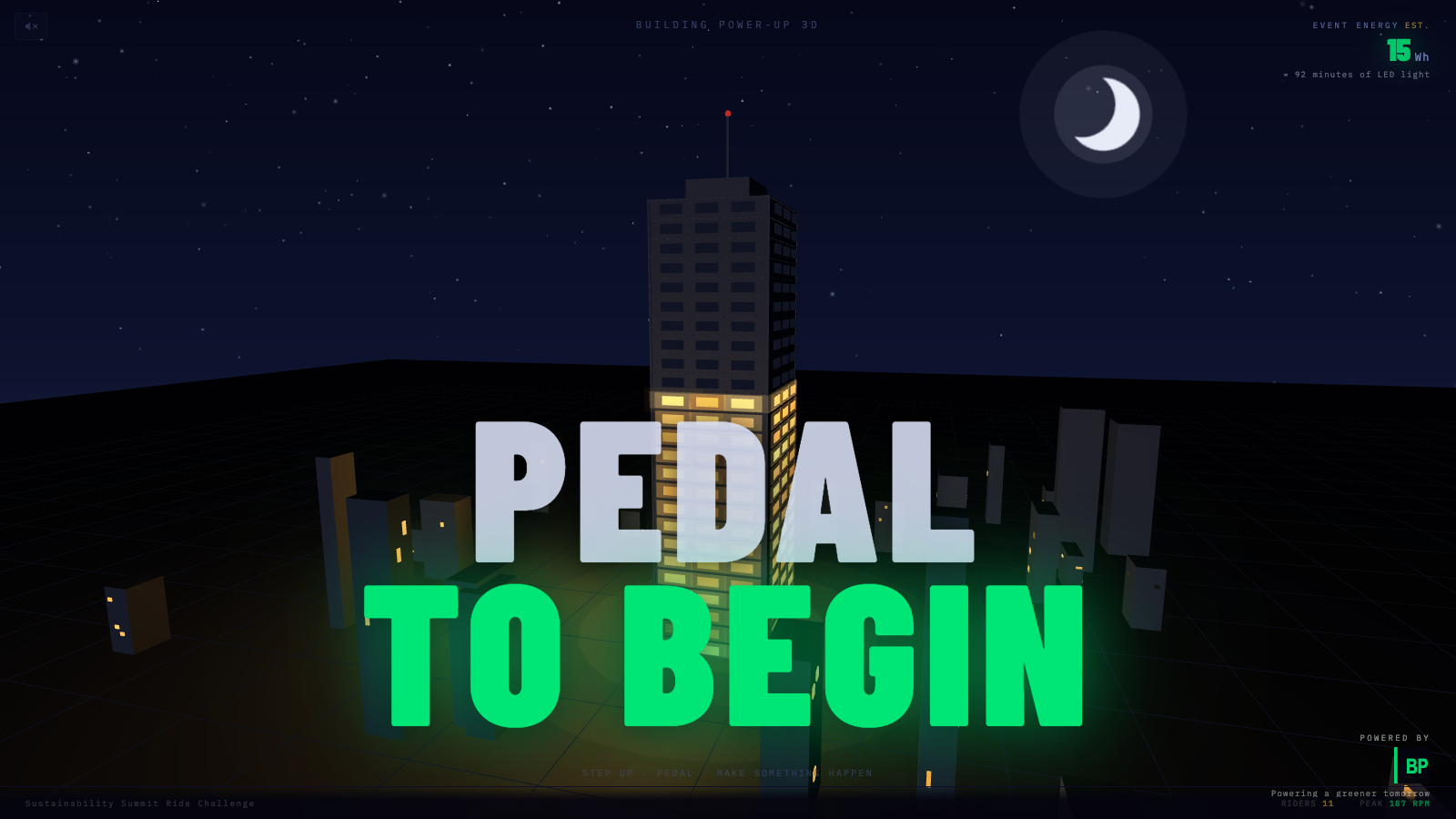 Live projection with venue branding, sponsor lockup and a running energy total