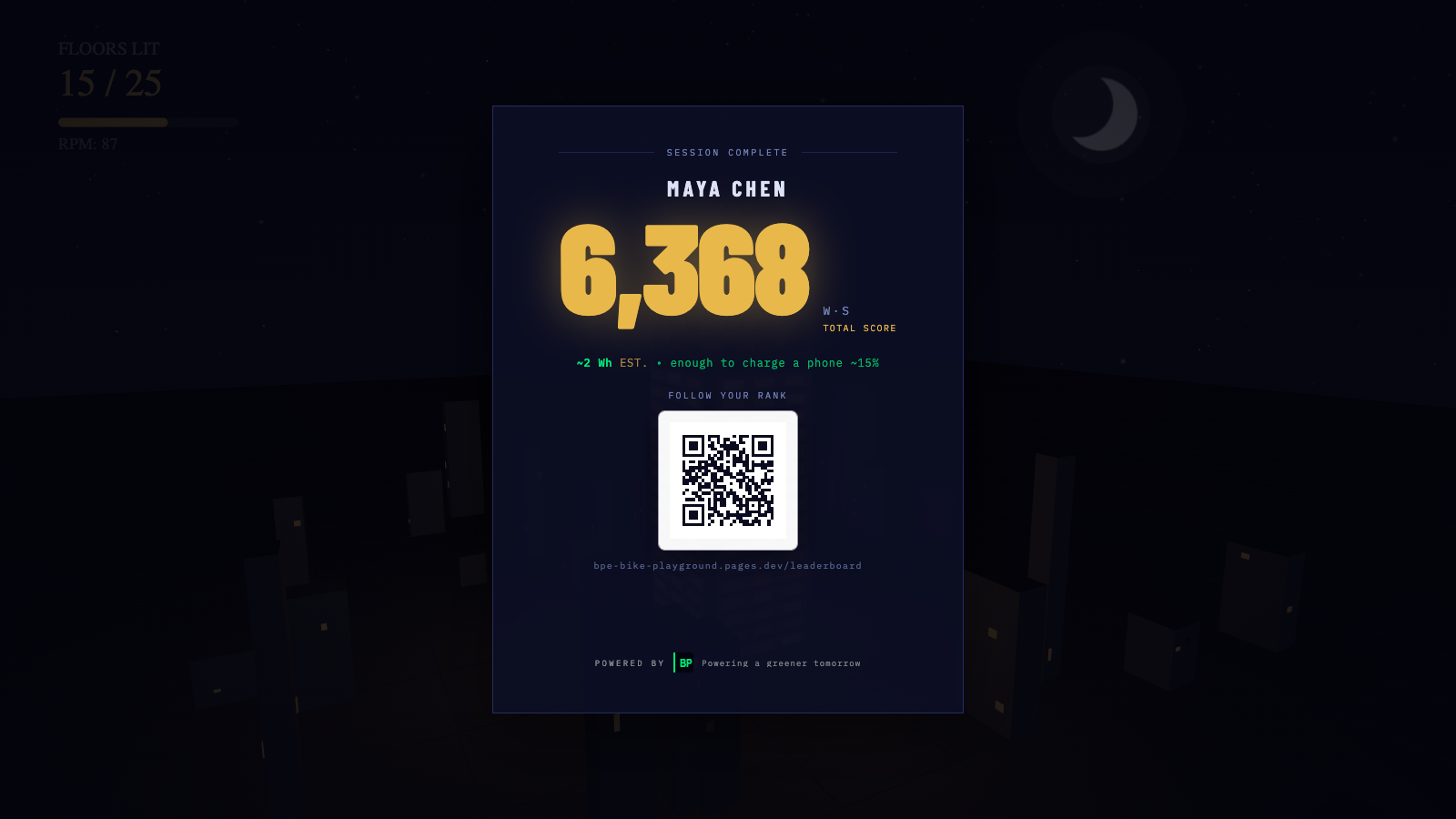 The finish result card — score, energy, QR code and sponsor