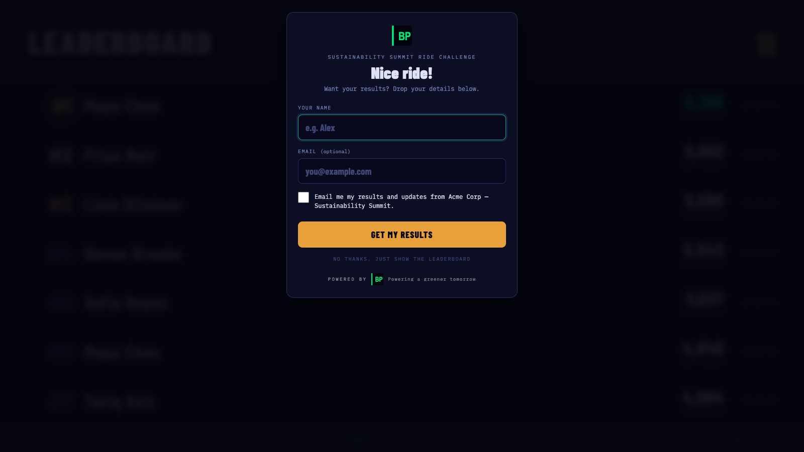 Live leaderboard with opt-in lead capture and sponsor branding